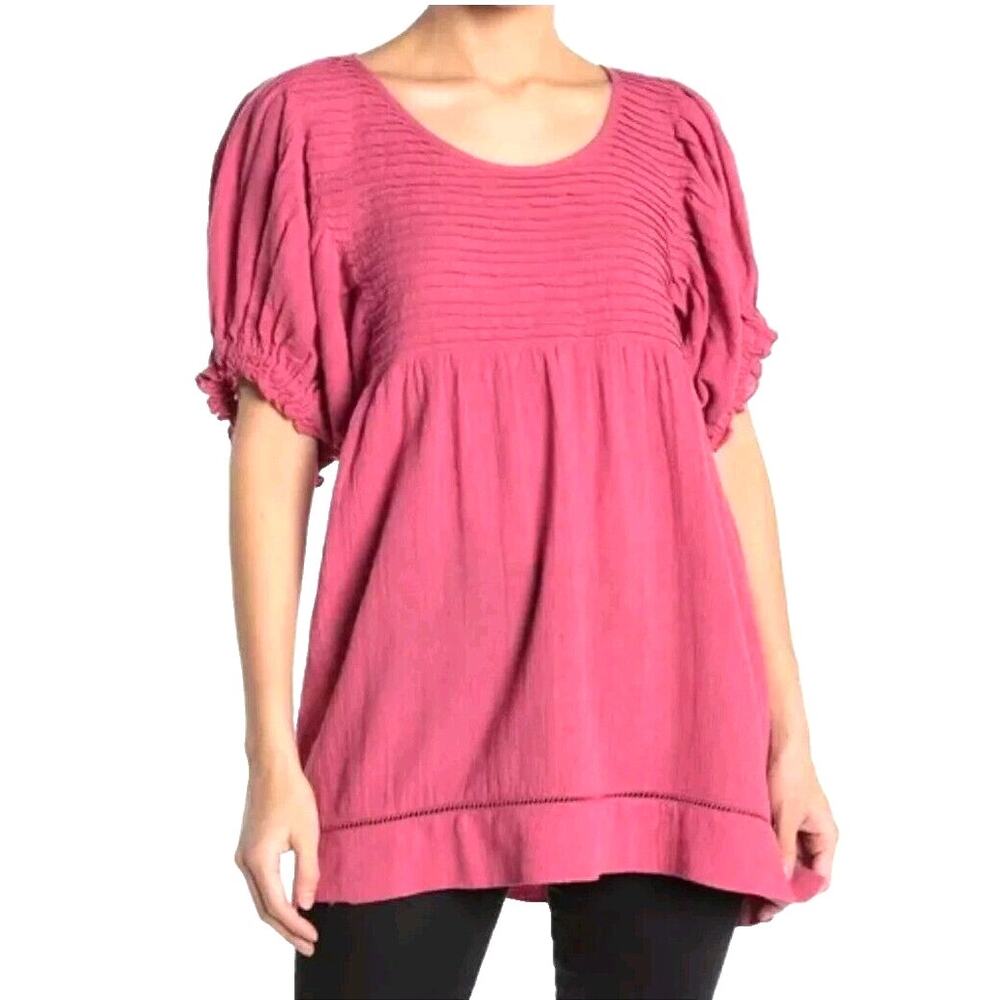 Free People Elsie Puff Sleeve Tunic Top Pink Boho Pleated Sz small